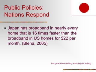 The Path Less Travelled ByThe World is Flat: Changes in a global economy require concomitant changes in educationThe Internet is this generation’s defining technology for learning and reading.Recent research: The Internet requires new literacies -- additional online reading comprehension skills.Recent research: Internet Reciprocal Teaching: Teaching online reading comprehension in subject areas. Current research at the New Literacies Research LabWhat do I do?  How do I advance opportunities for our students?  Ten Best Ideas.A poem or two?