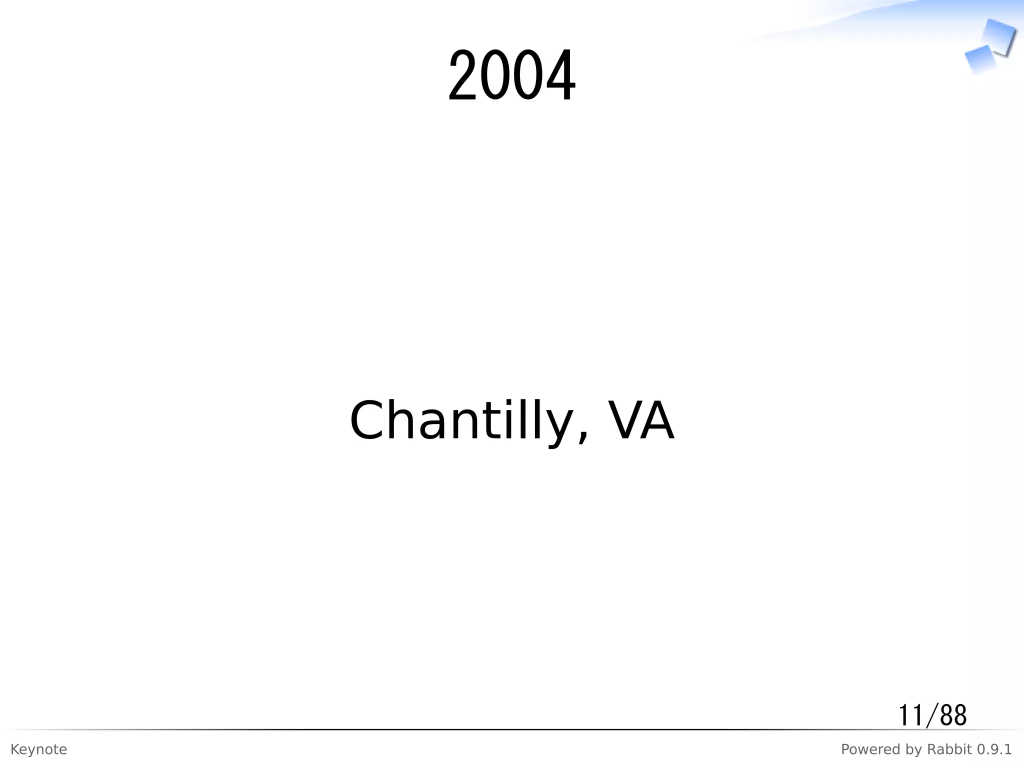 Keynote Powered by Rabbit 0.9.1
2004
Chantilly, VA
11/88
 