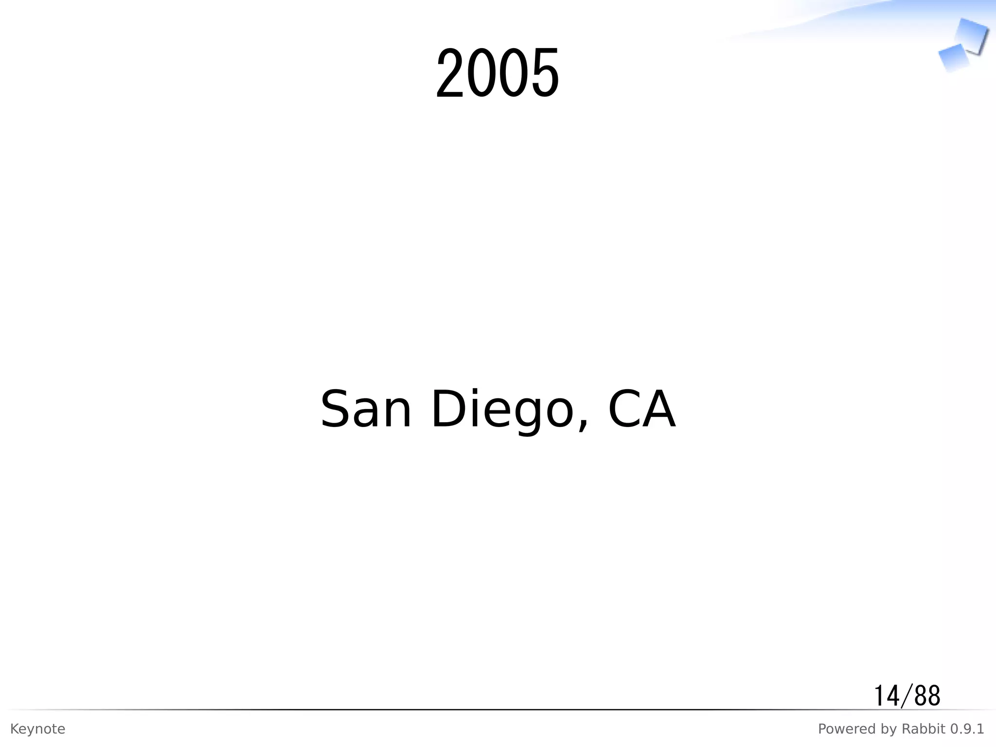 Keynote Powered by Rabbit 0.9.1
2005
San Diego, CA
14/88
 