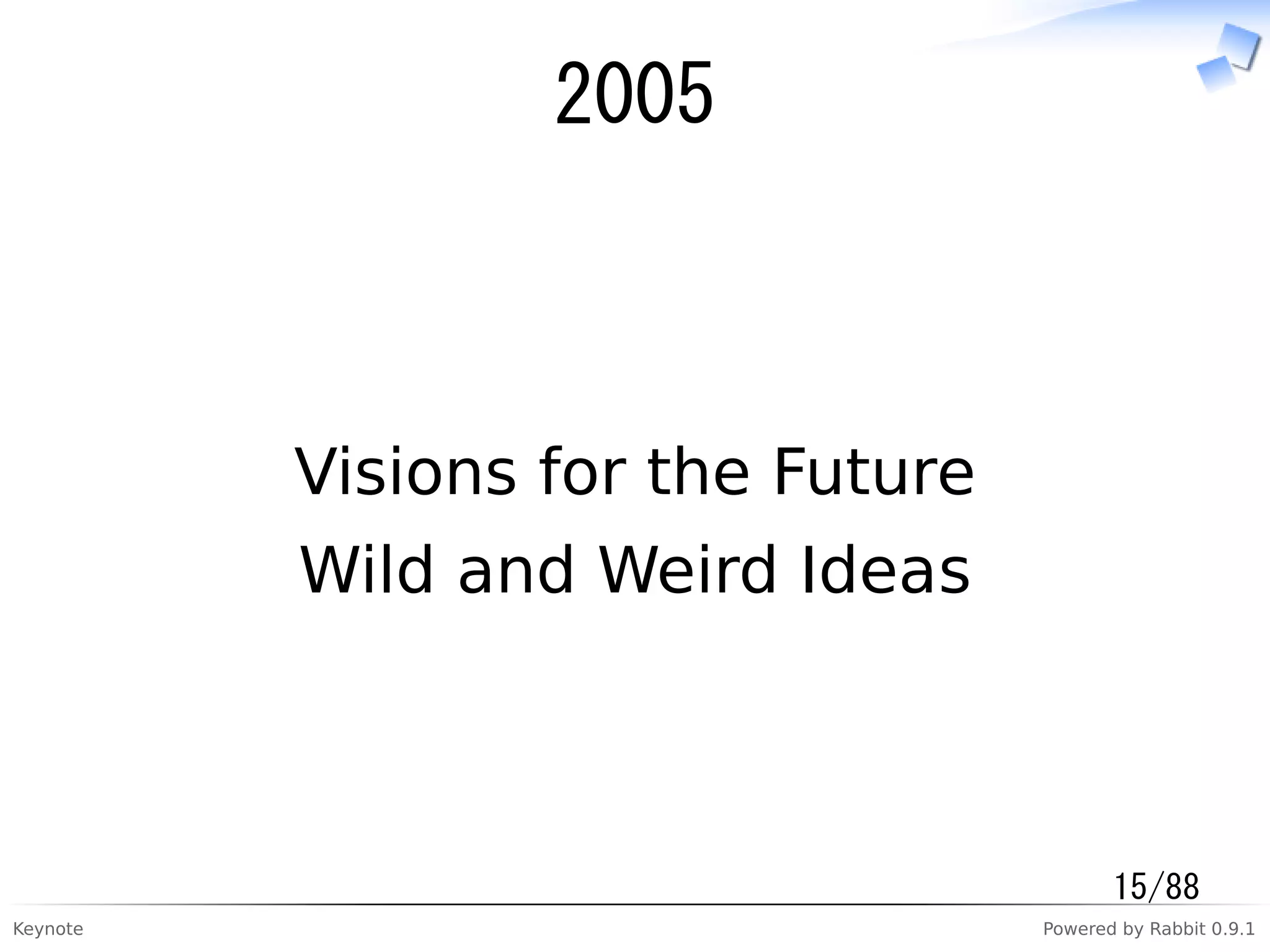 Keynote Powered by Rabbit 0.9.1
2005
Visions for the Future
Wild and Weird Ideas
15/88
 