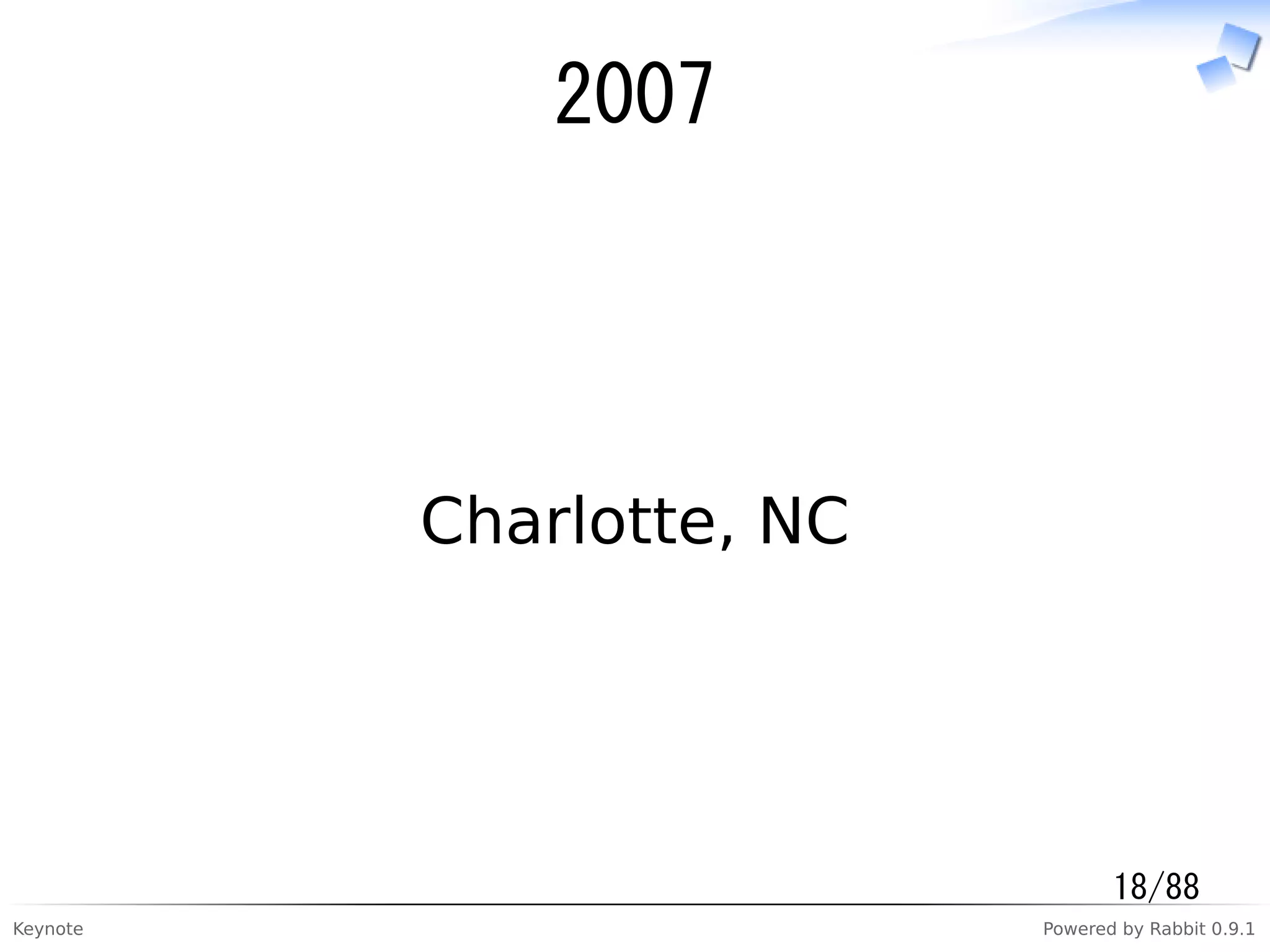 Keynote Powered by Rabbit 0.9.1
2007
Charlotte, NC
18/88
 