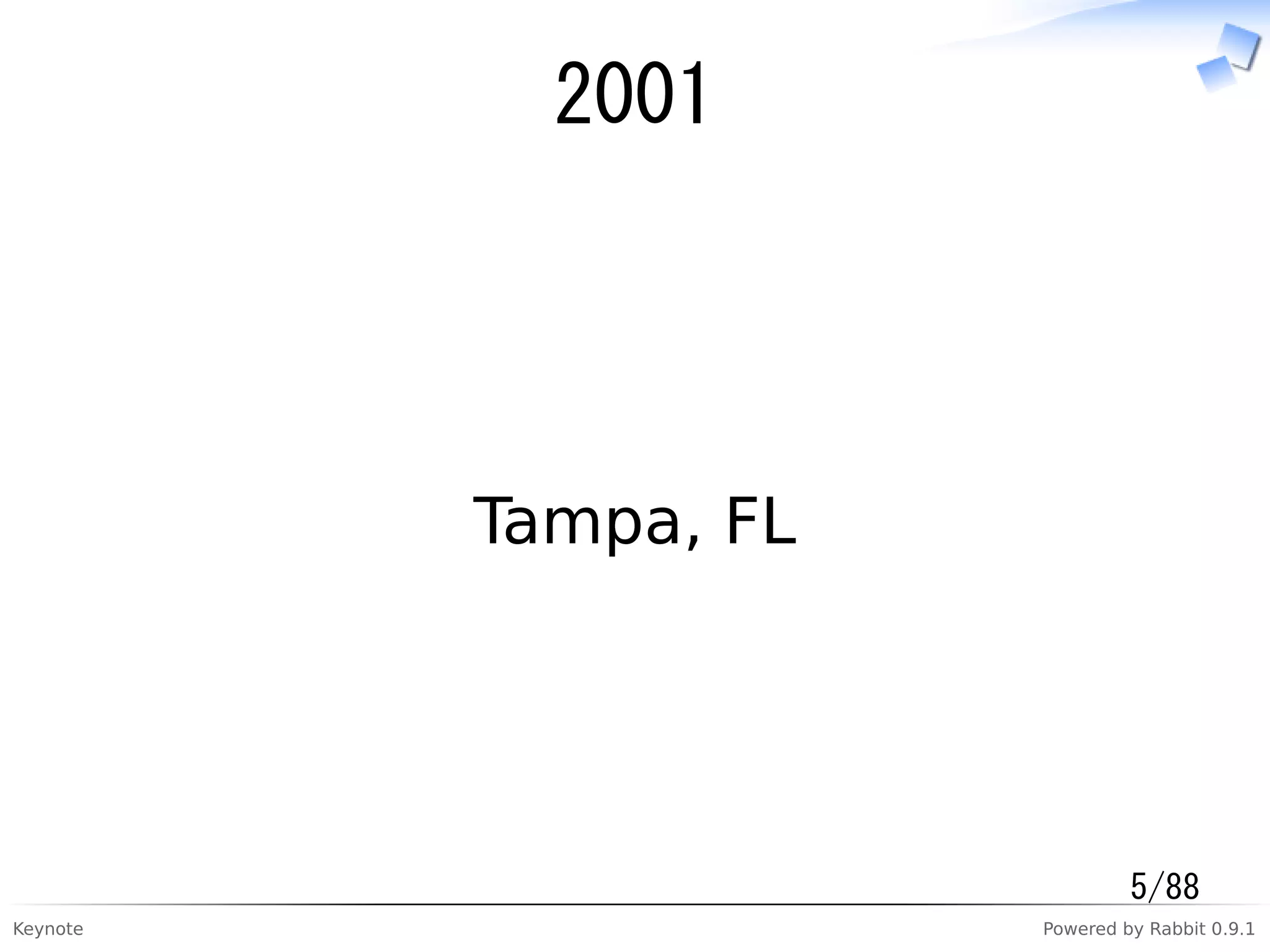 Keynote Powered by Rabbit 0.9.1
2001
Tampa, FL
5/88
 