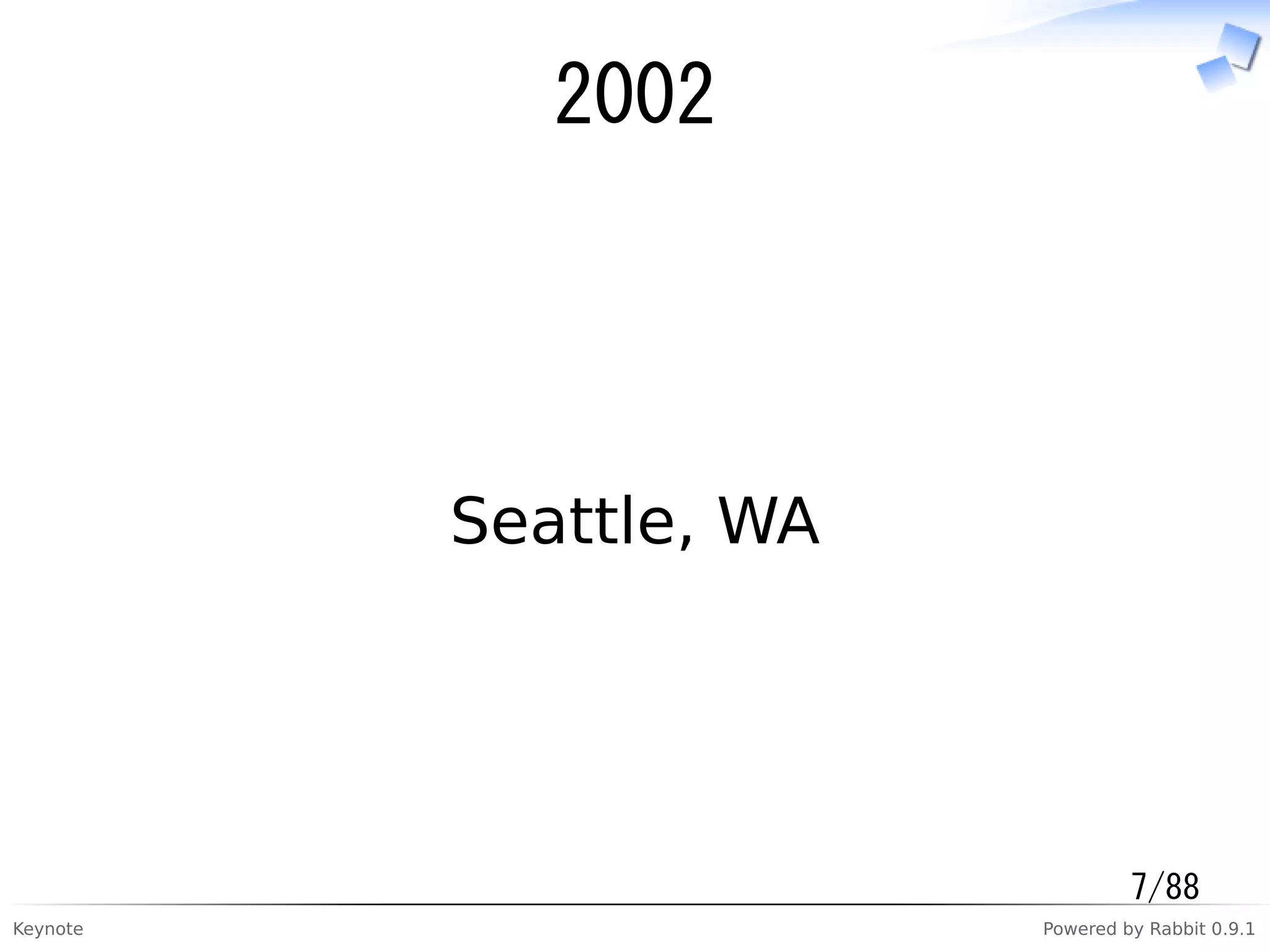 Keynote Powered by Rabbit 0.9.1
2002
Seattle, WA
7/88
 
