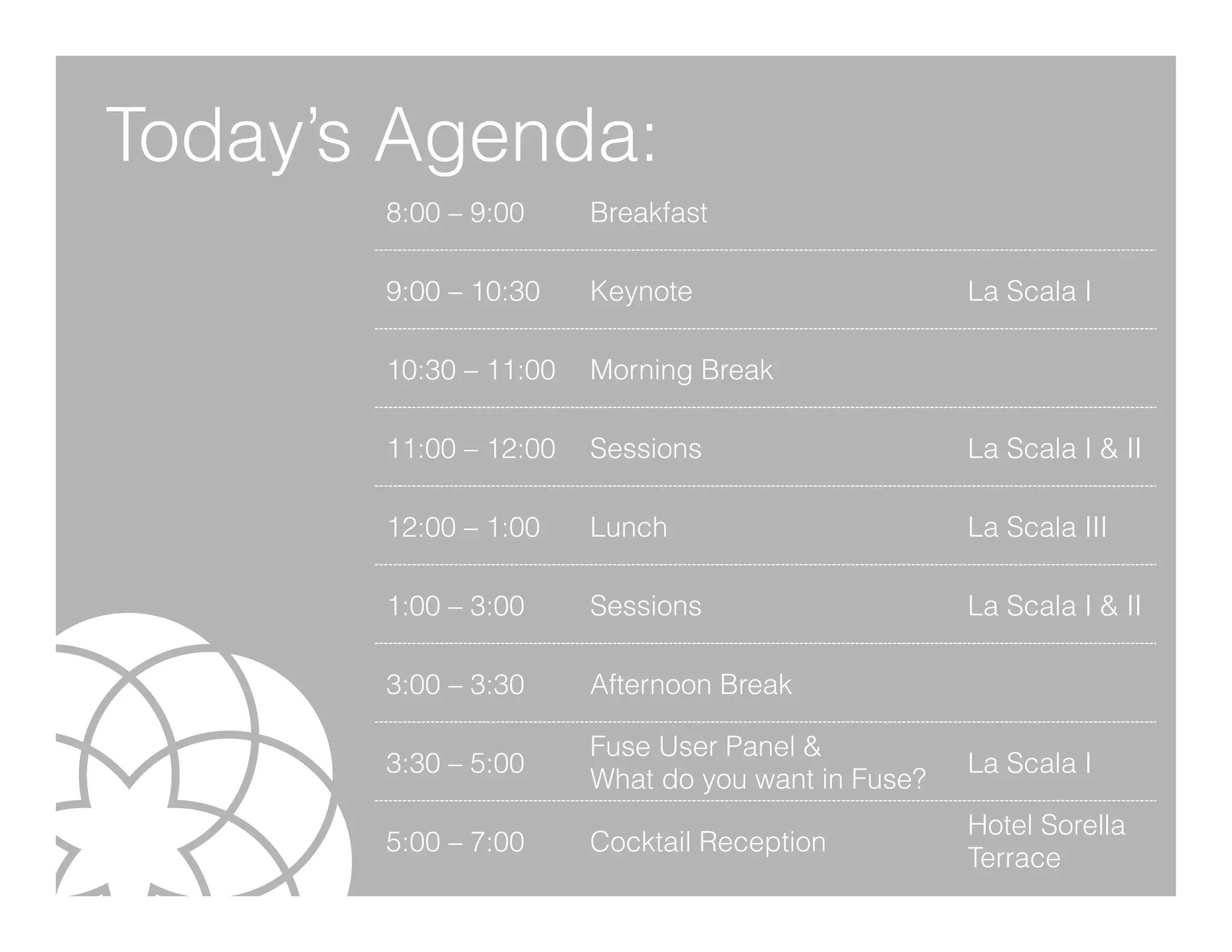 Today’s Agenda:
       8:00 – 9:00     Breakfast

       9:00 – 10:30    Keynote                     La Scala I

       10:30 – 11:00   Morning Break

       11:00 – 12:00   Sessions                    La Scala I & II

       12:00 – 1:00    Lunch                       La Scala III

       1:00 – 3:00     Sessions                    La Scala I & II

       3:00 – 3:30     Afternoon Break

                       Fuse User Panel &
       3:30 – 5:00                                 La Scala I
                       What do you want in Fuse?
                                                   Hotel Sorella
       5:00 – 7:00     Cocktail Reception
                                                   Terrace
 