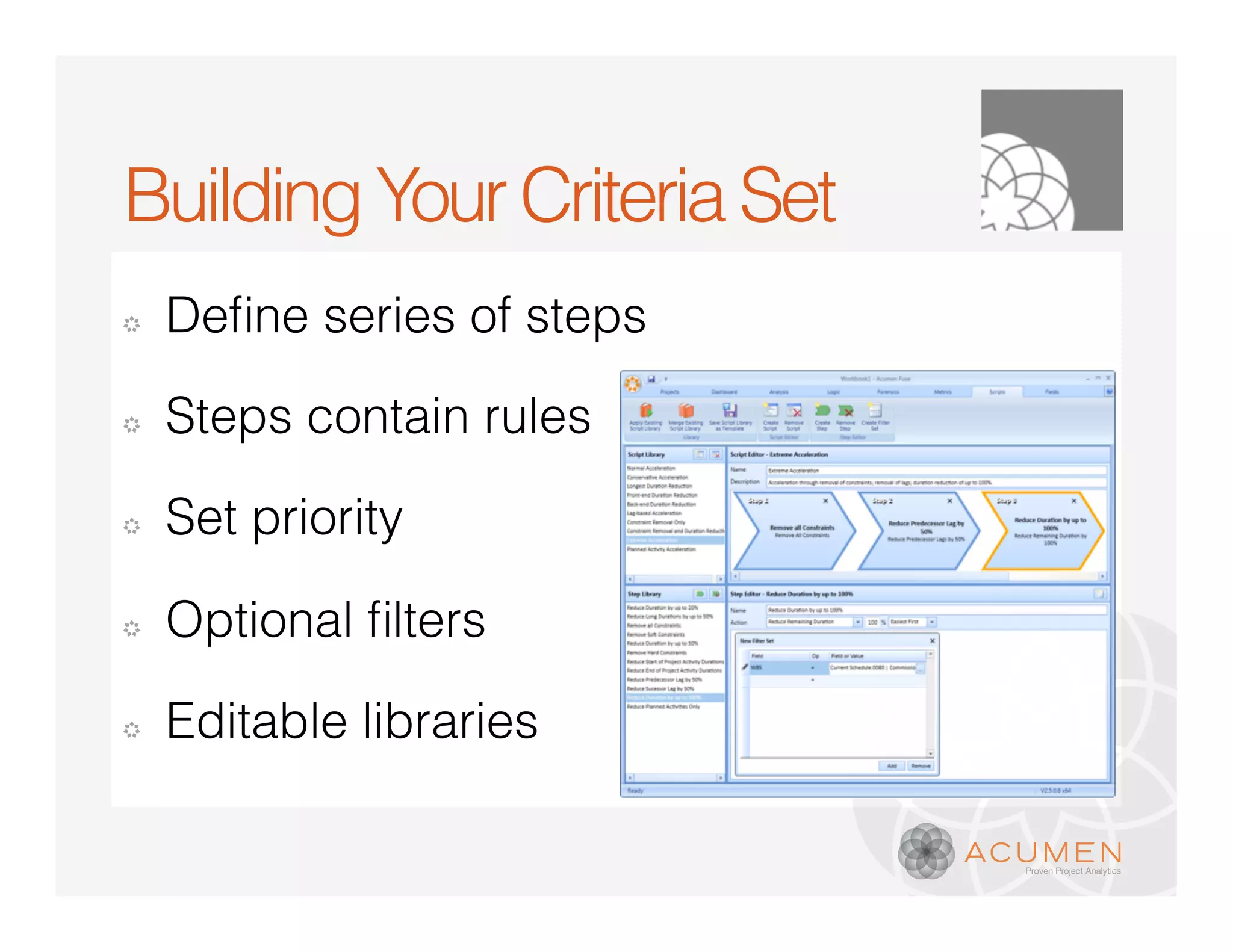 Building Your Criteria Set
�



�   Steps contain rules

�   Set priority

�



�   Editable libraries
 