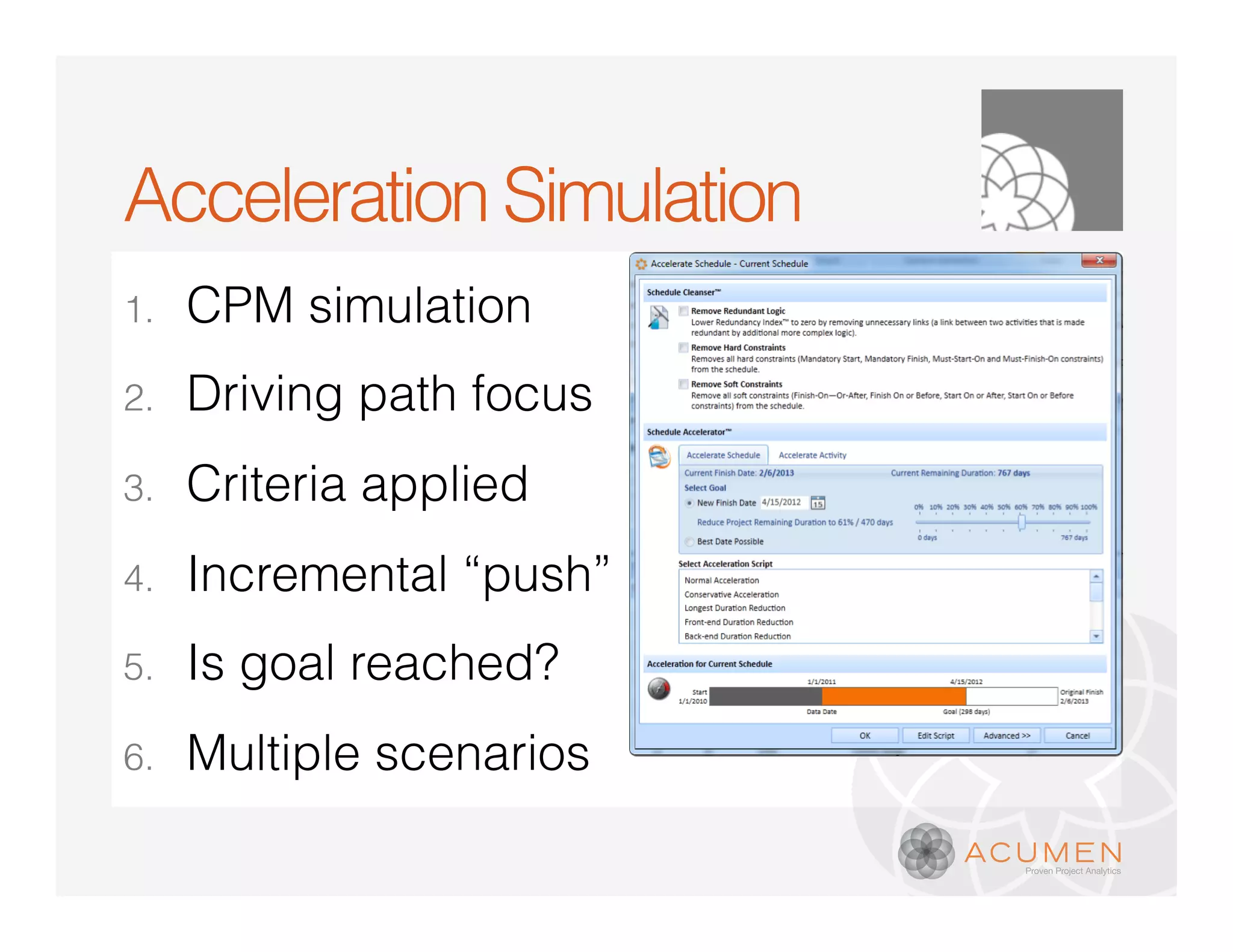 Acceleration Simulation
1.    CPM simulation
2.    Driving path focus
3.    Criteria applied
4.    Incremental “push”
5.    Is goal reached?
6.    Multiple scenarios
 