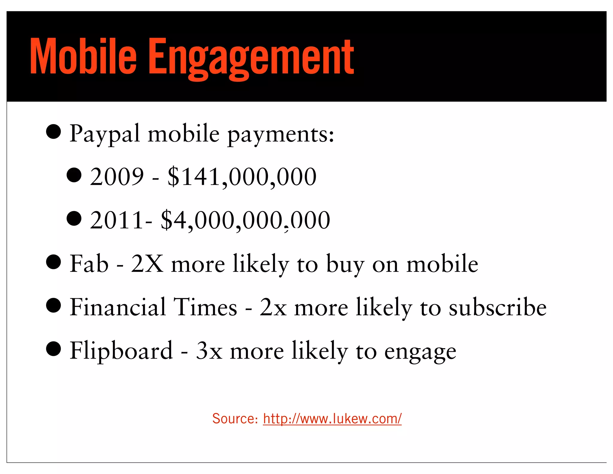 Mobile Engagement
• Paypal mobile payments:
 • 2009 - $141,000,000
 • 2011- $4,000,000,000
                      Text
• Fab - 2X more likely to buy on mobile
• Financial Times - 2x more likely to subscribe
• Flipboard - 3x more likely to engage
               Source: http://www.lukew.com/
 