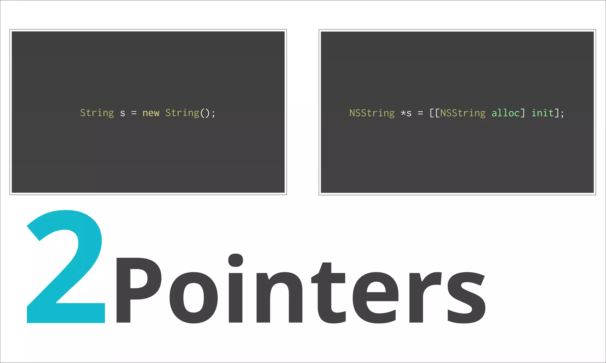String s = new String(); NSString *s = [[NSString alloc] init]; 0x3DE2FE Stuﬀ 2Pointers 