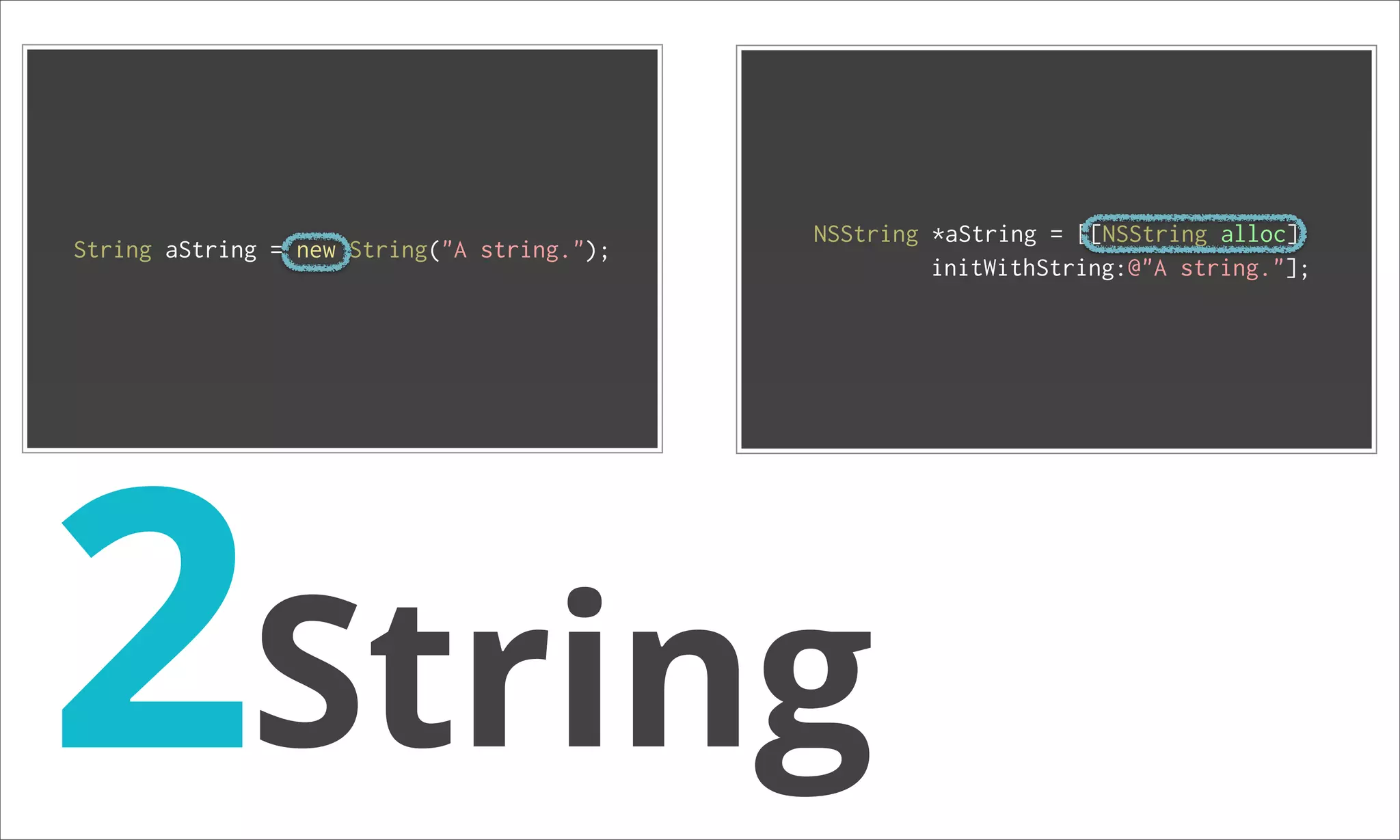 NSString *aString = [[NSString alloc] String aString = new String("A string."); initWithString:@"A string."]; 2String 