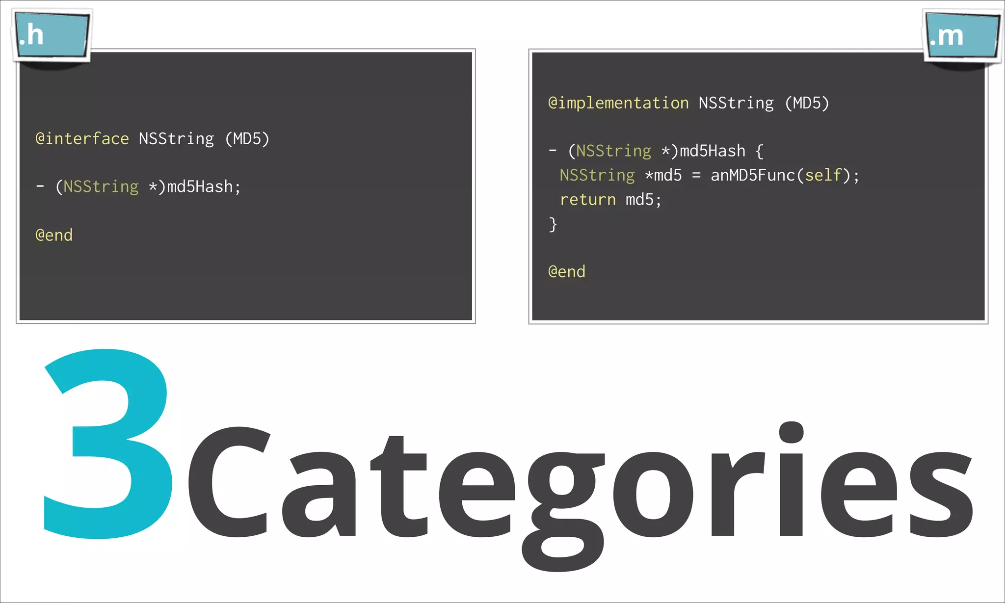 .h .m @implementation NSString (MD5) @interface NSString (MD5) - (NSString *)md5Hash { NSString *md5 = anMD5Func(self); - (NSString *)md5Hash; return md5; } @end 3Categories @end 