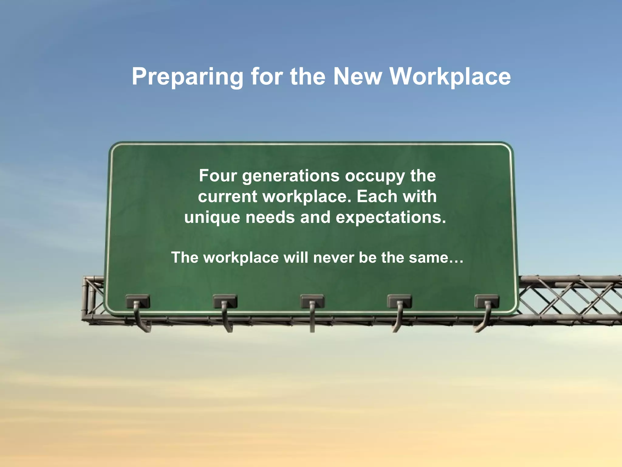 Four generations occupy the current workplace. Each with unique needs and expectations.  The workplace will never be the same…  Preparing for the New Workplace 