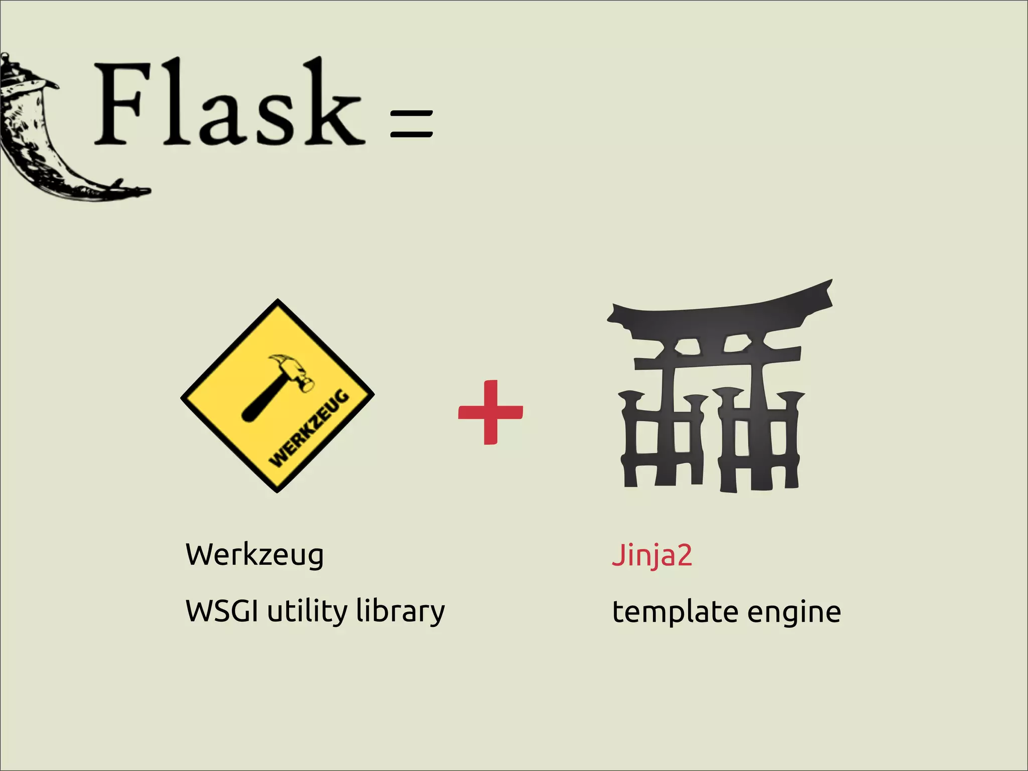 =

                       +
Werkzeug                   Jinja2
WSGI utility library       template engine
 