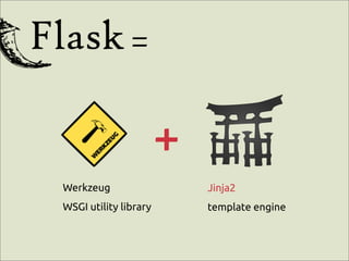 =

                       +
Werkzeug                   Jinja2
WSGI utility library       template engine
 