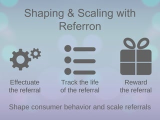 Shaping & Scaling with
Referron

Effectuate
the referral

Track the life
of the referral

Reward
the referral

Shape consumer behavior and scale referrals

 