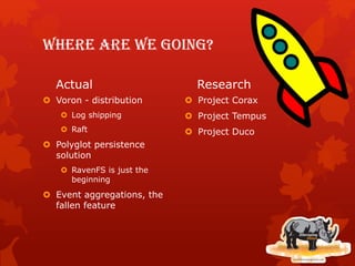 Where are we going?
Actual
 Voron - distribution
 Log shipping
 Raft
 Polyglot persistence
solution
 RavenFS is just the
beginning
 Event aggregations, the
fallen feature
Research
 Project Corax
 Project Tempus
 Project Duco
 