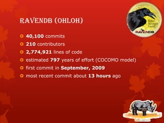RavenDB (ohloh)
 40,100 commits
 210 contributors
 2,774,921 lines of code
 estimated 797 years of effort (COCOMO model)
 first commit in September, 2009
 most recent commit about 13 hours ago
 