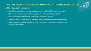 CLICK TO EDIT MASTER TITLE STYLE 
THE SYSTEM ARCHITECTURE WORKGROUP OF THE HSA FOUNDATION 
 The main deliverables are: 
‒ Well-defined, consistent and dependable memory model all HSA agents operate in 
 Click to edit Master text styles 
‒ Share access to process virtual memory between HSA agents (“ptr-is-ptr”) 
‒ Second level 
‒ Low-latency workload dispatch, contained in user-mode queues 
‒ Third level 
‒ Scalability across a wide range of platforms, from smartphones to clients and servers 
‒ Fourth level 
‒ These properties are ‒ Fifth level 
leveraged in the “HSA Programmer’s Reference”, HSAIL and HSA 
Runtime specifications 
11 | THE HETEROGENEOUS SYSTEM ARCHITECTURE – IT’S (NOT) ALL ABOUT THE GPU | MARCH 1, 2014 
 