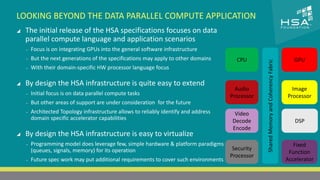 CLICK TO EDIT MASTER TITLE STYLE 
LOOKING BEYOND THE DATA PARALLEL COMPUTE APPLICATION 
 The initial release of the HSA specifications focuses on data 
parallel compute language and application scenarios 
 Click to edit Master text styles 
‒ Focus is on integrating GPUs into the general software infrastructure 
‒ Second level 
‒ But the next generations of the specifications may apply to other domains 
‒ Third level 
‒ With their domain-specific HW processor language focus 
‒ Fourth level 
‒ Fifth level 
 By design the HSA infrastructure is quite easy to extend 
‒ Initial focus is on data parallel compute tasks 
‒ But other areas of support are under consideration for the future 
‒ Architected Topology infrastructure allows to reliably identify and address 
domain specific accelerator capabilities 
 By design the HSA infrastructure is easy to virtualize 
‒ Programming model does leverage few, simple hardware & platform paradigms 
(queues, signals, memory) for its operation 
‒ Future spec work may put additional requirements to cover such environments 
22 | THE HETEROGENEOUS SYSTEM ARCHITECTURE – IT’S (NOT) ALL ABOUT THE GPU | MARCH 1, 2014 
CPU GPU 
Audio 
Processor 
Image 
Processor 
Shared Memory and Coherency Fabric 
Video 
Decode 
Encode 
DSP 
Security 
Processor 
Fixed 
Function 
Accelerator 
 