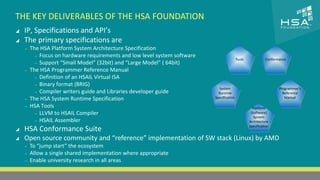 CLICK TO EDIT MASTER TITLE STYLE 
THE KEY DELIVERABLES OF THE HSA FOUNDATION 
 IP, Specifications and API’s 
 The primary specifications are 
 Click to edit Master text styles 
‒ The HSA Platform System Architecture Specification 
‒ Second level 
‒ Focus on hardware requirements and low level system software 
Support ‒ Third level 
‒ “Small Model” (32bit) and “Large Model” ( 64bit) 
‒ The HSA Programmer Reference Manual 
‒ Fourth level 
‒ Definition of an HSAIL Virtual ISA 
‒ Fifth level 
‒ Binary format (BRIG) 
‒ Compiler writers guide and Libraries developer guide 
‒ The HSA System Runtime Specification 
‒ HSA Tools 
‒ LLVM to HSAIL Compiler 
‒ HSAIL Assembler 
 HSA Conformance Suite 
 Open source community and “reference” implementation of SW stack (Linux) by AMD 
‒ To “jump start” the ecosystem 
‒ Allow a single shared implementation where appropriate 
‒ Enable university research in all areas 
8 | THE HETEROGENEOUS SYSTEM ARCHITECTURE – IT’S (NOT) ALL ABOUT THE GPU | MARCH 1, 2014 
Platform 
(Software) 
System 
Architecture 
Specification 
Programmer’s 
Reference 
Manual 
System 
Runtime 
Specification 
Tools Conformance 
 