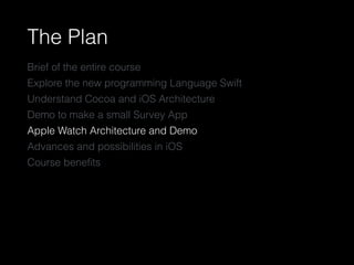 The Plan
Brief of the entire course
Explore the new programming Language Swift
Understand Cocoa and iOS Architecture
Demo to make a small Survey App
Apple Watch Architecture and Demo
Advances and possibilities in iOS
Course beneﬁts
 