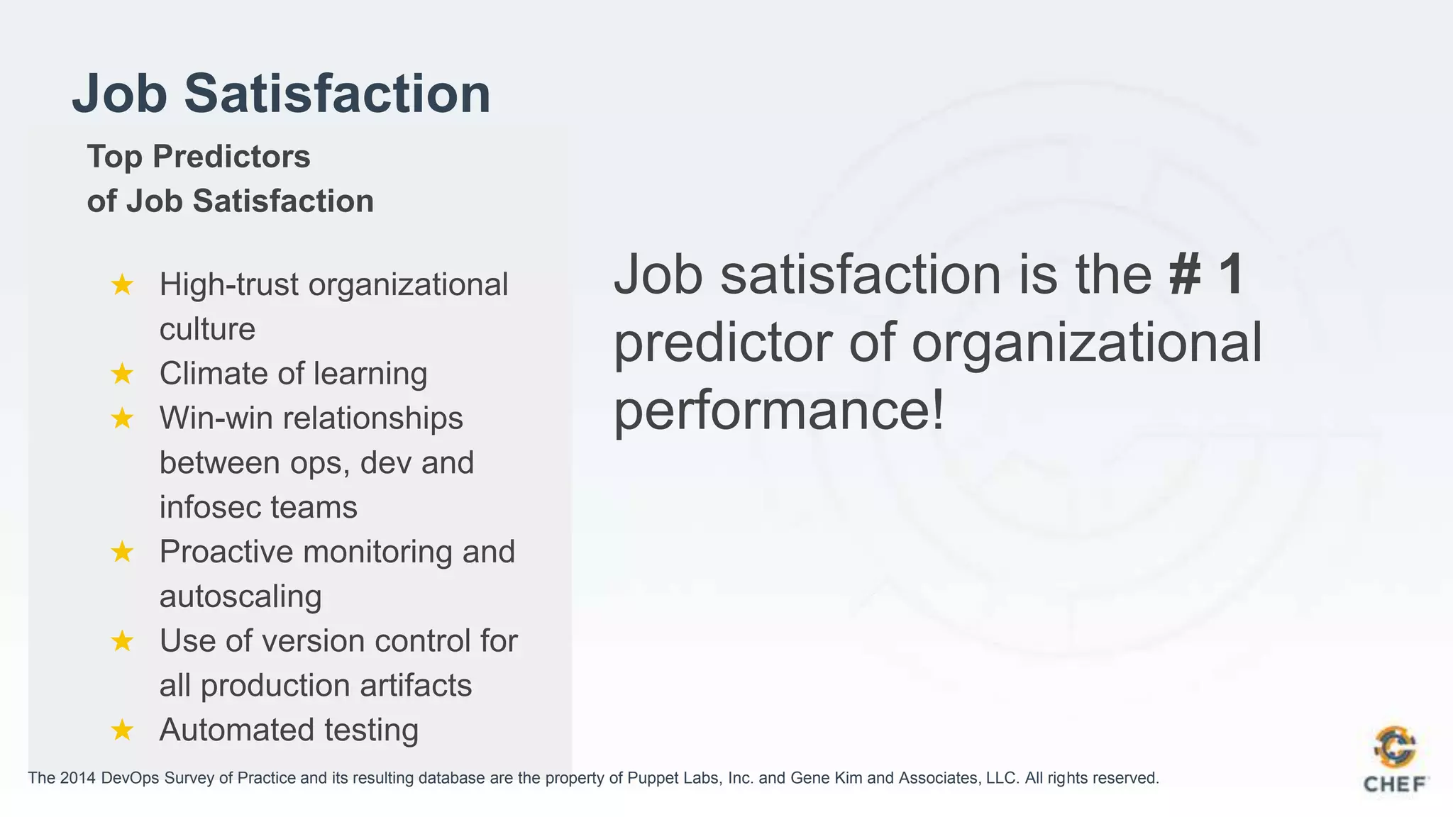 Job Satisfaction
The 2014 DevOps Survey of Practice and its resulting database are the property of Puppet Labs, Inc. and Gene Kim and Associates, LLC. All rights reserved.
Job satisfaction is the # 1
predictor of organizational
performance!
Top Predictors
of Job Satisfaction
★ High-trust organizational
culture
★ Climate of learning
★ Win-win relationships
between ops, dev and
infosec teams
★ Proactive monitoring and
autoscaling
★ Use of version control for
all production artifacts
★ Automated testing
 