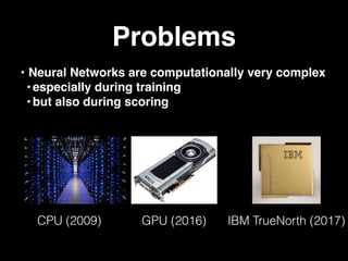 Problems
• Neural Networks are computationally very complex
•especially during training
•but also during scoring
CPU (2009) GPU (2016) IBM TrueNorth (2017)
 