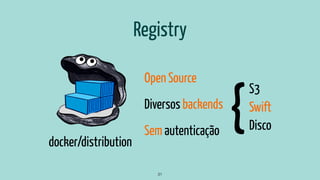 Registry
31
docker/distribution
Open Source
Diversos backends
Sem autenticação
S3
Swift
Disco{
 