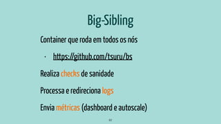 Big-Sibling
Container que roda em todos os nós
• https://github.com/tsuru/bs
Realiza checks de sanidade
Processa e redireciona logs
Envia métricas (dashboard e autoscale)
62
 
