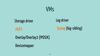 VMs
Log driver
Syslog (big-sibling)
65
Storage driver
AUFS
Overlay/Overlay2 (!POSIX)
Devicemapper
 