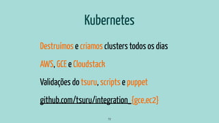 Kubernetes
Destruímos e criamos clusters todos os dias
AWS, GCE e Cloudstack
Validações do tsuru, scripts e puppet
github.com/tsuru/integration_{gce,ec2}
72
 