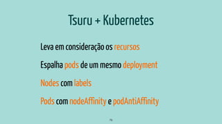 Leva em consideração os recursos
Espalha pods de um mesmo deployment
Nodes com labels
Pods com nodeAffinity e podAntiAffinity
76
Tsuru + Kubernetes
 