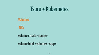 Tsuru + Kubernetes
Volumes
NFS
volume create <name>
volume bind <volume> <app>
78
 