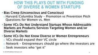 HOW THIS PLAYS OUT WITH FUNDING
OF DIVERSE & WOMEN STARTUPS
• Bias Creep (Unconscious and Conscious)
o Harvard/Columbia Study - Promotion vs Prevention Pitch
Questions for Women vs. Men
• Some VCs Do Not Understand Startups Whose Addressable
Markets are Products/Services Targeting Women and/or
Diverse Markets
• Some VCs Do Not Know Diverse or Women Entrepreneurs
o VCs should expand their VC circle
o Network - Entrepreneurs should go where the investors are
o Seek investors who “get it”
12
© 2018 Pendleton Ventures LLC
 