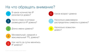 © 2018 Cisco and/or its affiliates. All rights reserved.
На что обращать внимание?
1
2
3
4
5
В какое количество IP
резолвится домен?
Число стран в которых
размещаются IP домена?
Длина имени домена?
Минимальный, средний и
максимальный TTL домена?
Как часто за сутки менялись
IP домена?
6
7
8
Каков возраст домена
Насколько равномерно
распределены символы в домене?
Насколько осмыслен
домен?
 