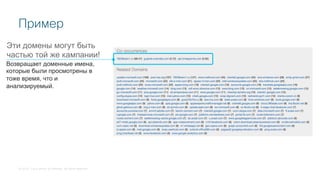 © 2018 Cisco and/or its affiliates. All rights reserved.
Пример
Возвращает доменные имена,
которые были просмотрены в
тоже время, что и
анализируемый.
Эти домены могут быть
частью той же кампании!
 