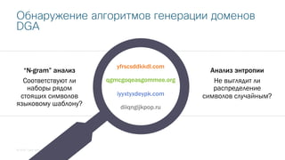 © 2018 Cisco and/or its affiliates. All rights reserved.
yfrscsddkkdl.com
qgmcgoqeasgommee.org
iyyxtyxdeypk.com
diiqngijkpop.ru
Анализ энтропии
Не выглядит ли
распределение
символов случайным?
“N-gram” анализ
Соответствуют ли
наборы рядом
стоящих символов
языковому шаблону?
Обнаружение алгоритмов генерации доменов
DGA
 