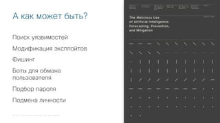 © 2018 Cisco and/or its affiliates. All rights reserved.
А как может быть?
Поиск уязвимостей
Модификация эксплойтов
Фишинг
Боты для обмана
пользователя
Подбор пароля
Подмена личности
 