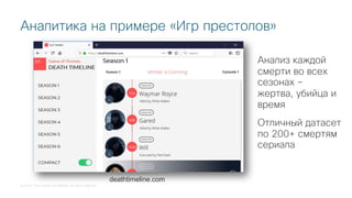 © 2018 Cisco and/or its affiliates. All rights reserved.
Аналитика на примере «Игр престолов»
deathtimeline.com
Анализ каждой
смерти во всех
сезонах –
жертва, убийца и
время
Отличный датасет
по 200+ смертям
сериала
 