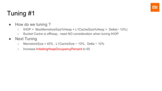 Tuning #1
● How do we tuning ?
○ IHOP > MaxMemstoreSize%Heap + L1CacheSize%Heap + Delta(~ 10%)
○ Bucket Cache is offheap, need NO consideration when tuning IHOP
● Next Tuning
○ MemstoreSize = 45% , L1CacheSize ~ 10%, Delta ~ 10%
○ Increase InitiatingHeapOccupancyPercent to 65
 