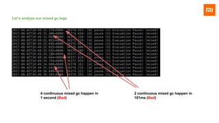 Let’s analyze our mixed gc logs
2 continuous mixed gc happen in
101ms (Bad)
4 continuous mixed gc happen in
1 second (Bad)
 