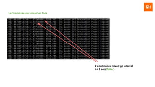 Let’s analyze our mixed gc logs
2 continuous mixed gc interval
>= 1 sec(Better)
 