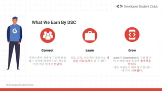 #DeveloperStudentClubs
What We Earn By DSC
Connect
캠퍼스에서 개발자 기술에 관심
있는 다양한 배경과 다른 전공을
가진 여러 학생을 만난다
Learn
실습, 교육, 프로젝트 활동으로 새
로운 기술 토픽을 알 수 있다.
Grow
Learn과 Connection을 적용해 지
역 문제에 대한 훌륭한 솔루션을
만든다.
다른 사람들도 배우게 커뮤니티
에 다시 기여한다.
 
