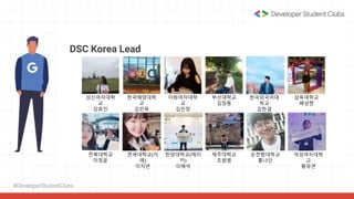 #DeveloperStudentClubs
DSC Korea Lead
성신여자대학
교
강효민
한국해양대학
교
김민욱
이화여자대학
교
김민정
부산대학교
김정동
전북대학교
이정윤
연세대학교(미
래)
이지연
한양대학교(에리
카)
이해석
제주대학교
초원범
한국외국어대
학교
김한결
삼육대학교
배성현
순천향대학교
홍나단
덕성여자대학
교
황유연
 