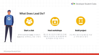 #DeveloperStudentClubs
What Does Lead Do?
Start a club
대학과 협력하여 DSC 시작하기
Core 팀을 선택하고, 자문 구하기
Host workshops
핸즈온 워크샵 및 이벤트를 통해
개발자 프로덕트 및 플랫폼에 대
한 학생의 지식을 키우기
Build project
프로젝트 파트너십 활동을 이끌
고 지역 파트너 찾기
 