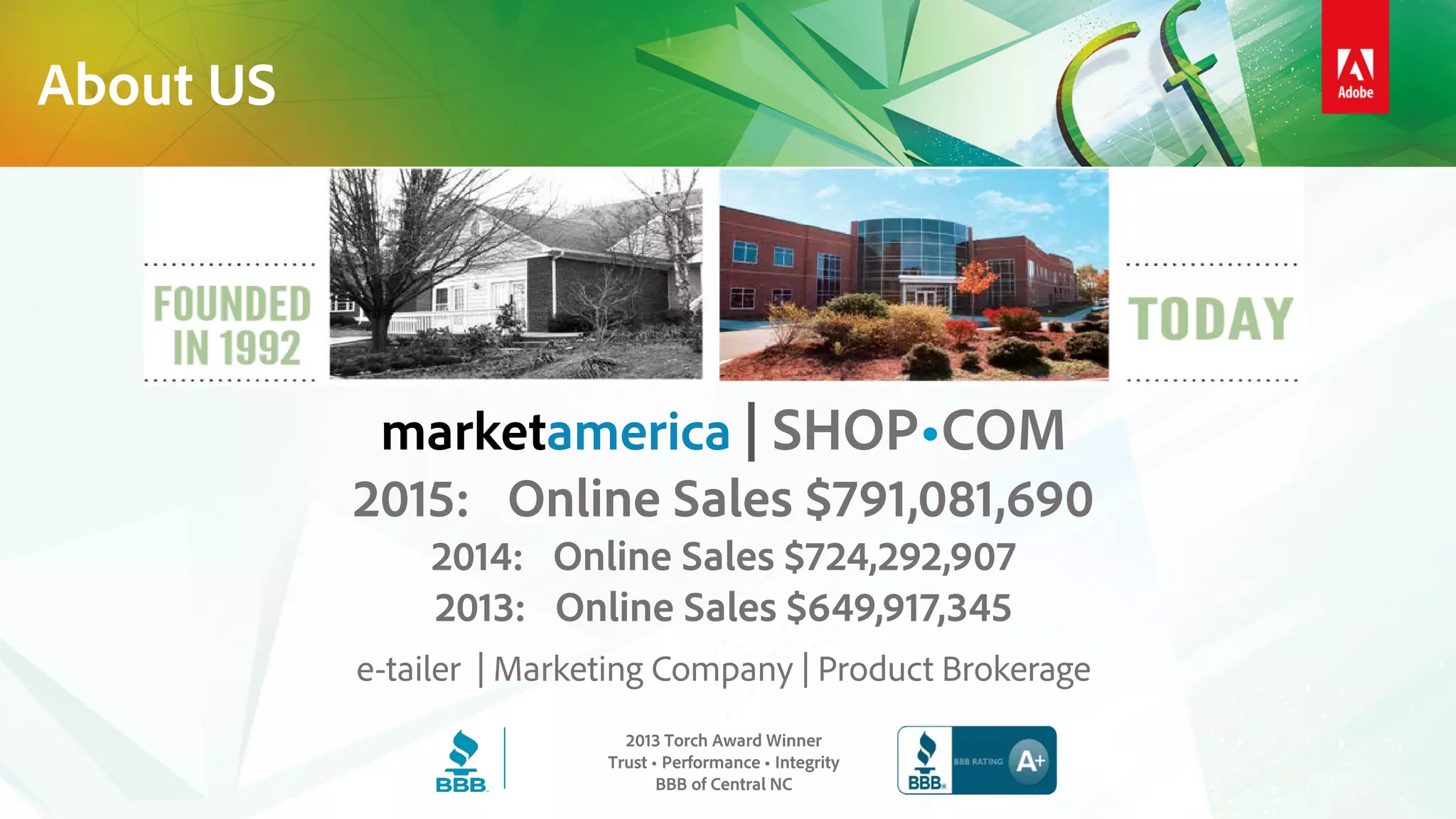 About US
2013 Torch Award Winner
Trust • Performance • Integrity
BBB of Central NC
marketamerica | SHOP•COM
2015: Online Sales $791,081,690
2014: Online Sales $724,292,907
2013: Online Sales $649,917,345
e-tailer | Marketing Company | Product Brokerage
 