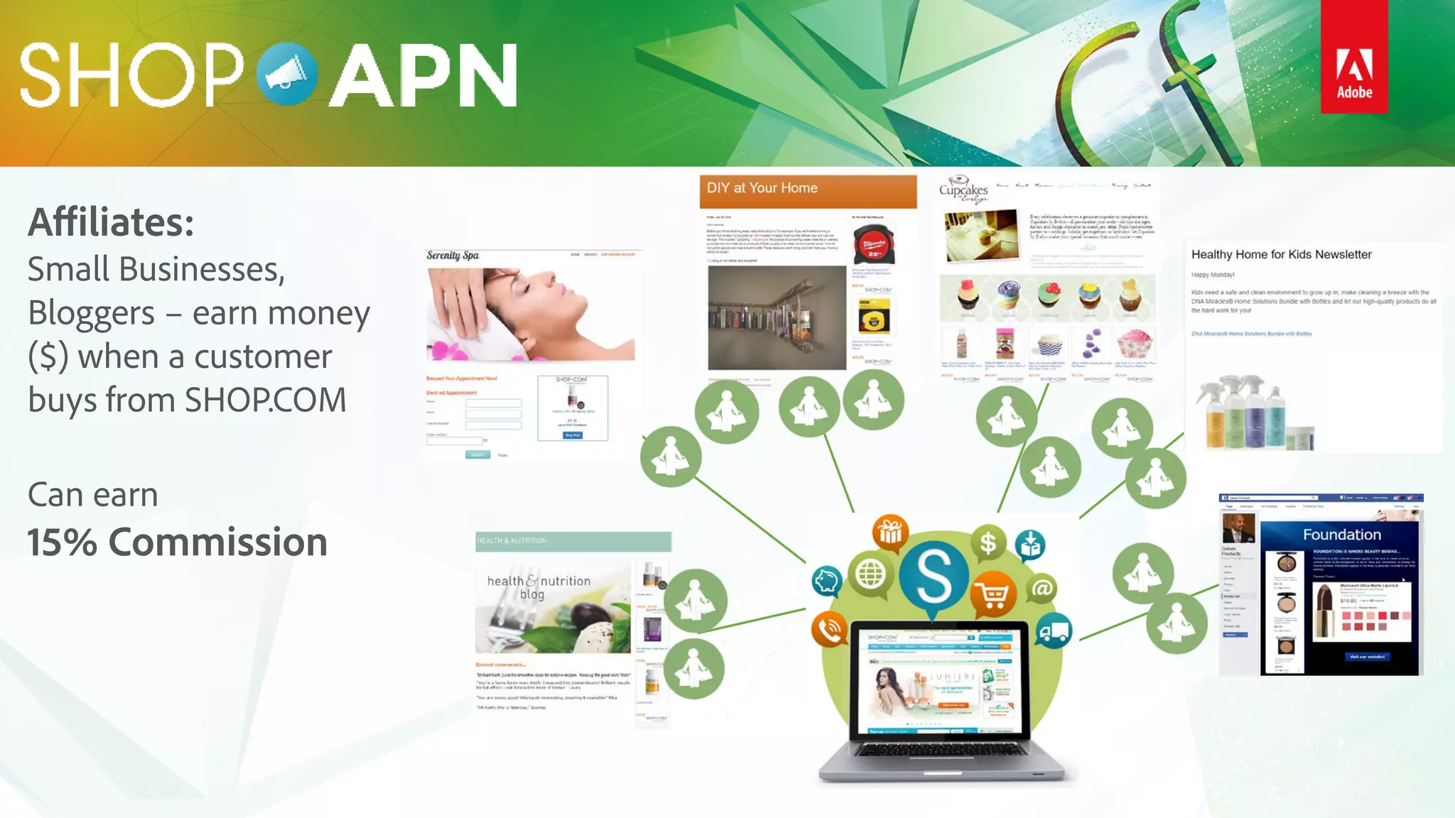 Affiliates:
Small Businesses,
Bloggers – earn money
($) when a customer
buys from SHOP.COM
Can earn
15% Commission
 