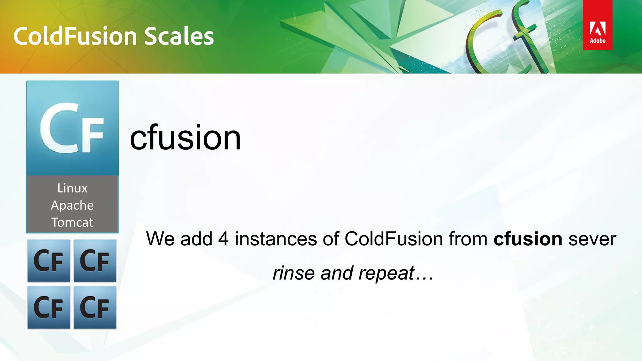 Linux
Apache
Tomcat
cfusion
We add 4 instances of ColdFusion from cfusion sever
rinse and repeat…
ColdFusion Scales
 