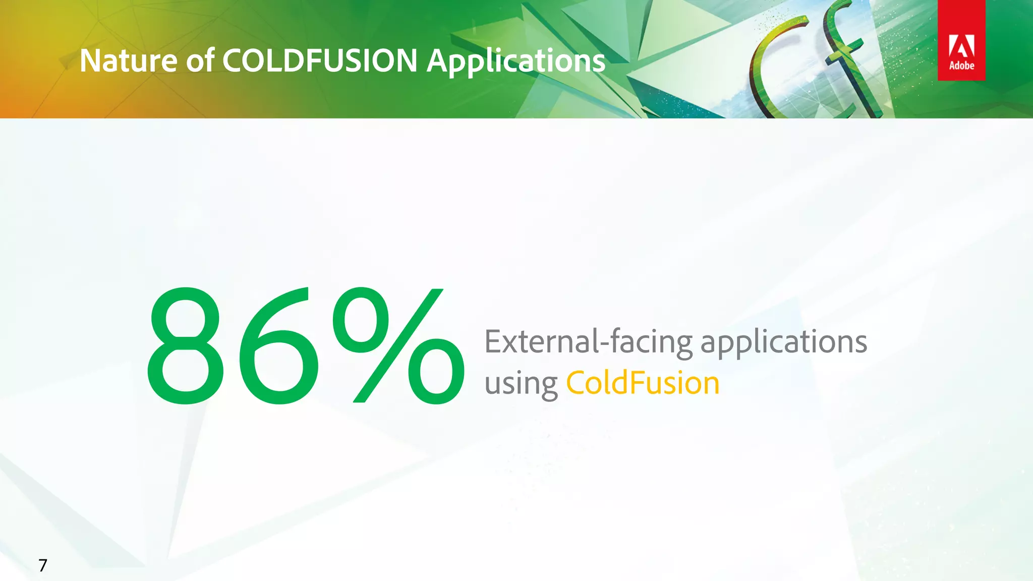 Nature of COLDFUSION Applications
7
86%External-facing applications
using ColdFusion
 