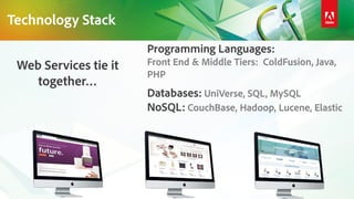 Technology Stack
Programming Languages:
Front End & Middle Tiers: ColdFusion, Java,
PHP
Databases: UniVerse, SQL, MySQL
NoSQL: CouchBase, Hadoop, Lucene, Elastic
Web Services tie it
together…
 