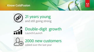 Know ColdFusion
Double-digit growth
Launch/Launch
2000 new customers
added over the last year
21 years young
and still going strong
 
